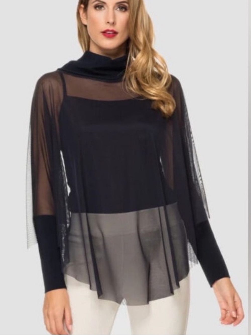 Sheer Layered Black Women’s Top with Cowl Neck